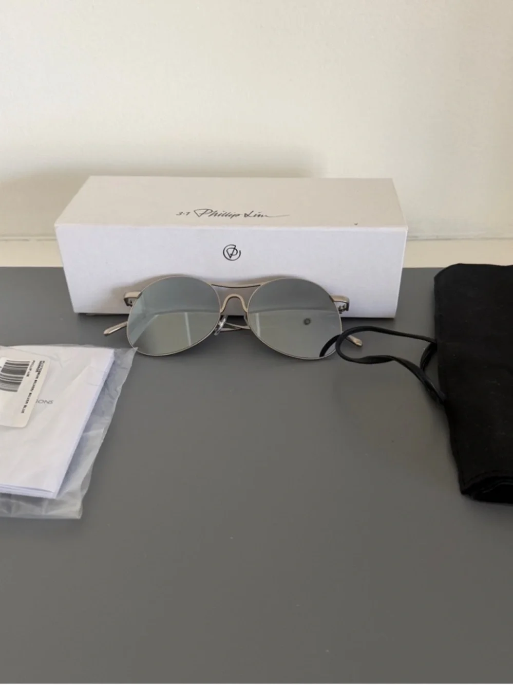 3.1 Phillip Lim x Linda Farrow PL177 Titanium White Gold Aviator Sunglasses Set